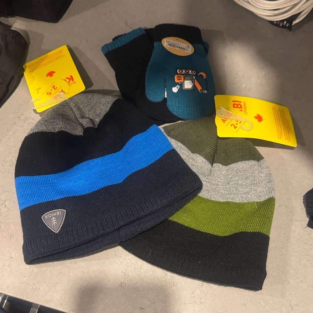 Kombi Kids Striped Beanie and Glove Set - Blue, Green, Gray